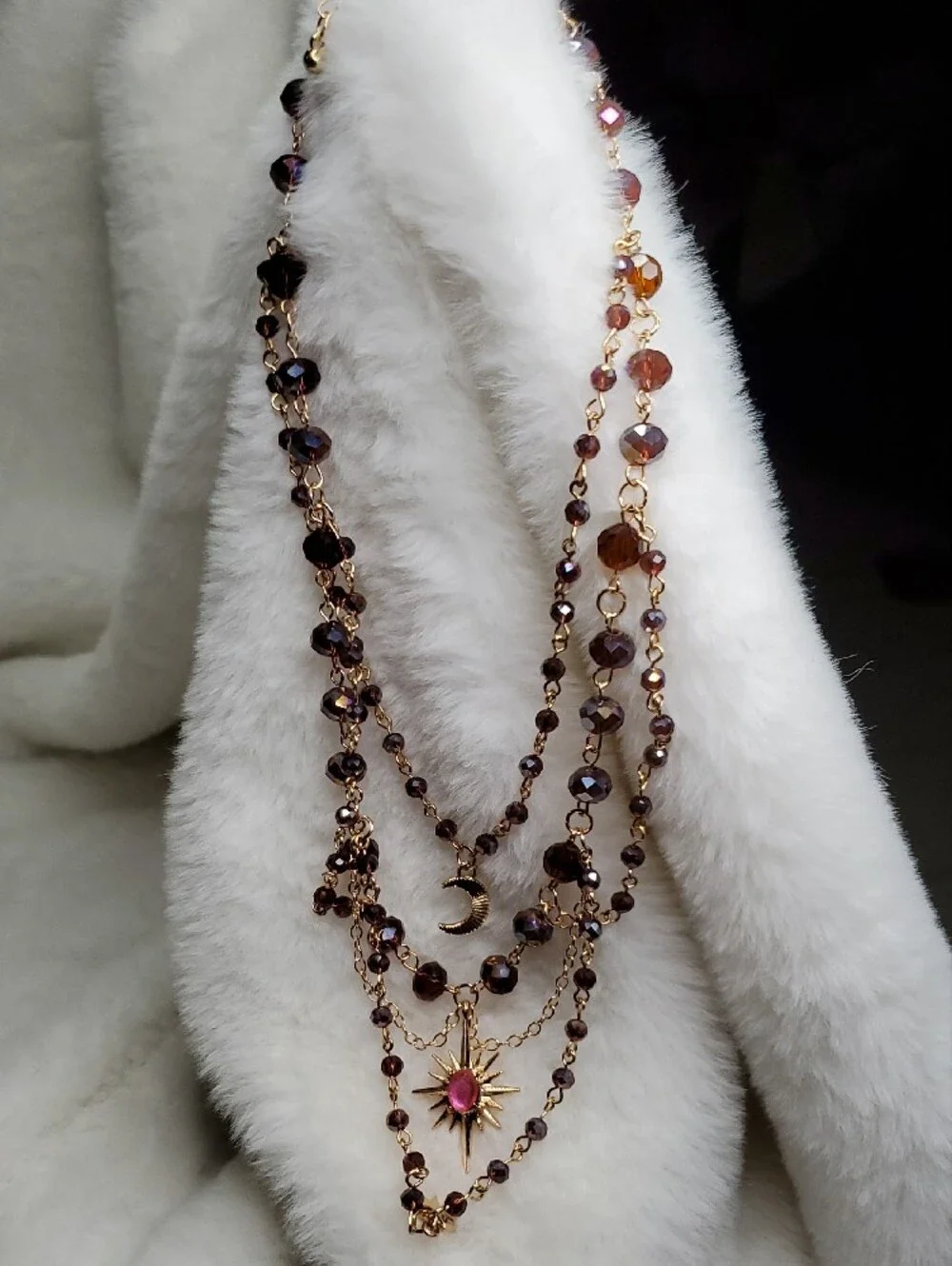 Fashion Jewelry Gold-Tone Layered Necklace with Brown Beads and Pink Star Accent